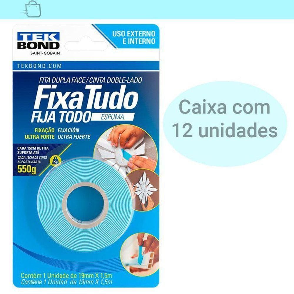 Caixa 12 Fita Dupla Face Espuma Fixa Tudo 19mm x 1,5m