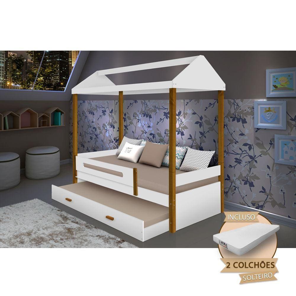 Beliche Montessoriana Infantil Sara Solteiro Com Colchões Divaloto - Branco/Amêndoa - Branco