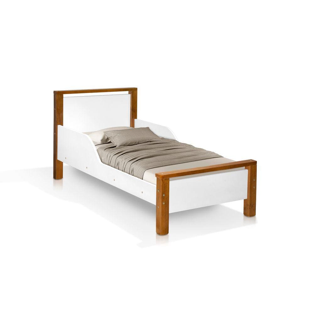 cama juvenil branco com marrom mdf e pes de madeira