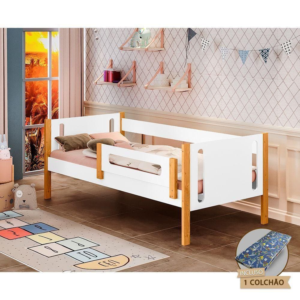 Cama Infantil Babá Montessoriana Com Colchão Mirela Com Grade De Proteção - Branco/Amêndoa - Branco