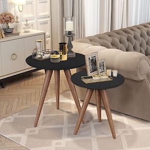 Conjunto Mesa Apoio Lateral Redonda Pés Palito - Preta - Preto
