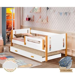 Bicama Infantil Com Grade De Proteção E Colchões Mirela Branca/Mel + Luminária Led - Branco