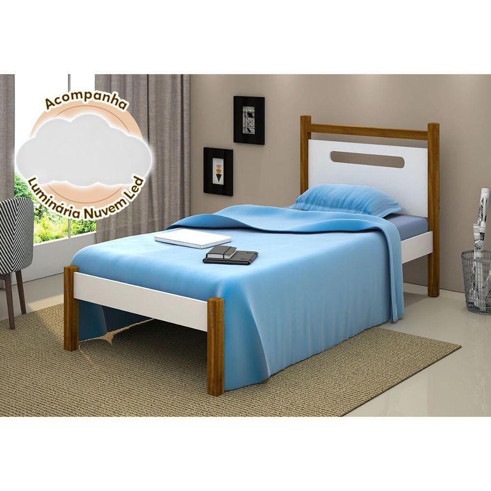 Cama De Solteiro Design Eloa Branco Com Amêndoa Acompanha Luminária Led - Branco