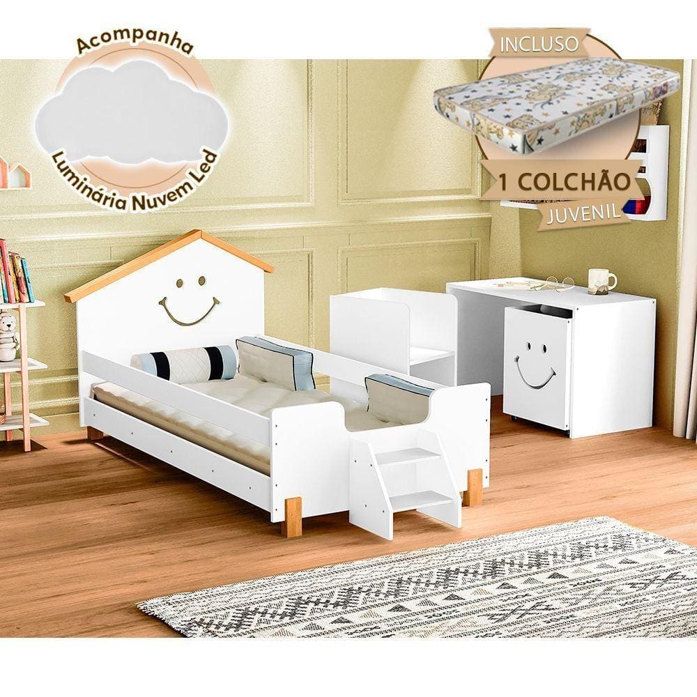 Cama Infantil Com Colchão Juvenil Alegra Branca E Amêndoa + Luminária Led - Branco