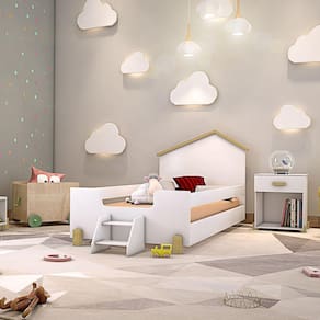 Cama De Criança Infantil Com Escadinha Solteiro Ayla - Branca E Natural - Branco