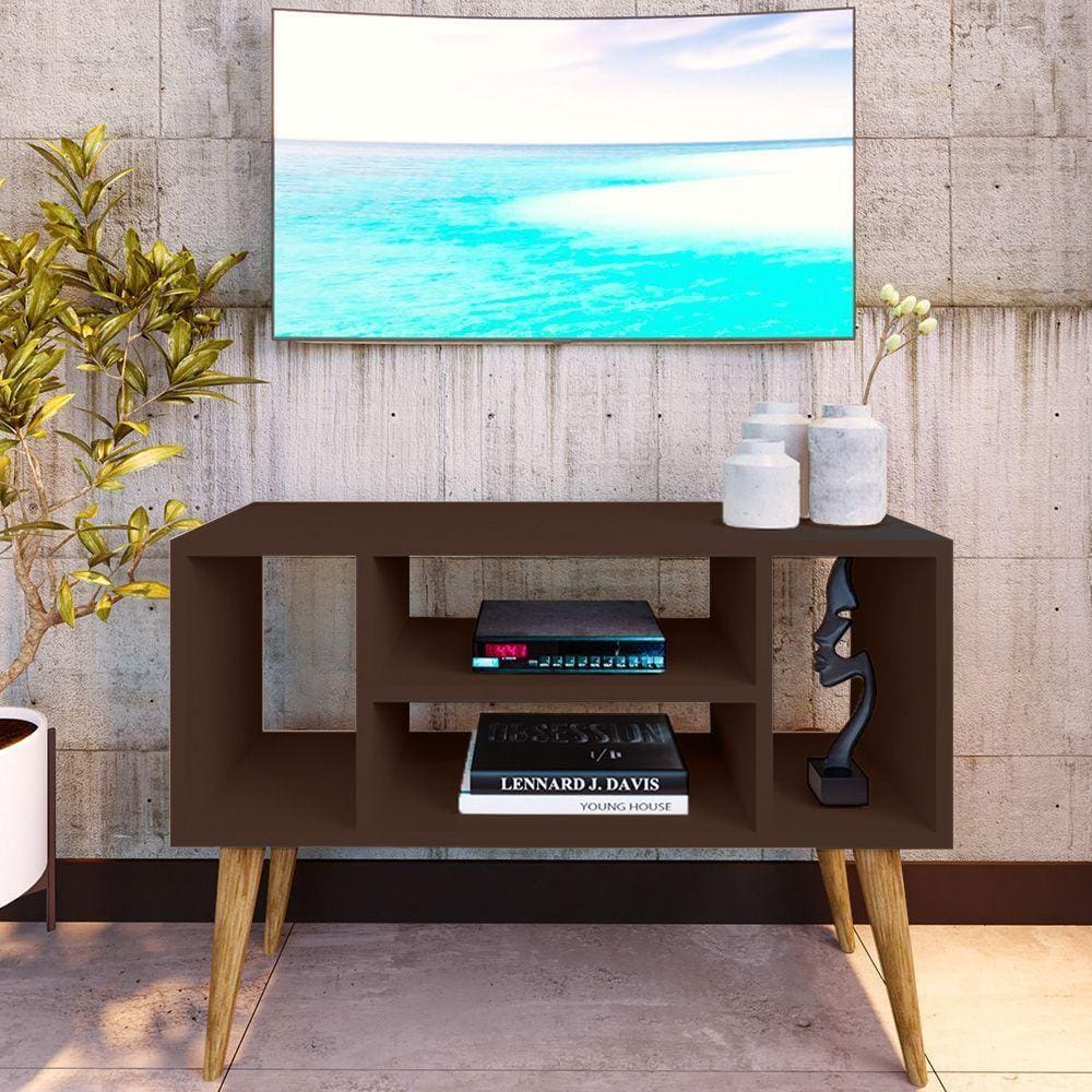 Rack Retro Pés Palito Para Tv Paris Com 4 Nichos - Imbuia - Marrom