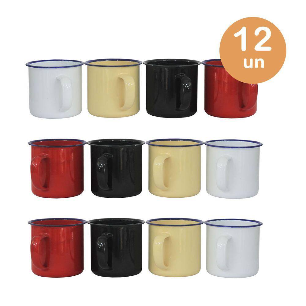 Kit 12 caneca esmaltada 150 ml xícara café chá suco retrô