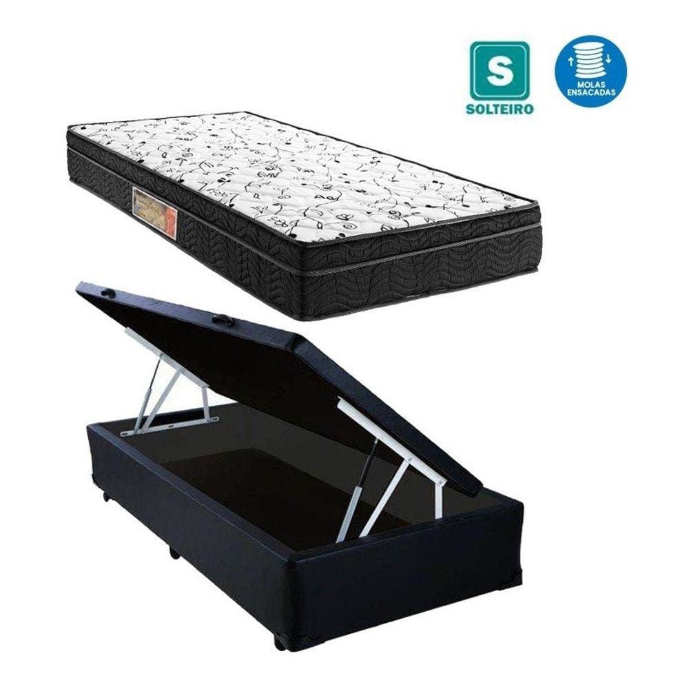 Cama Box Baú Solteiro Conforto Sintético Preto + Colchão Solteiro Conforto Espuma D33 Com EPS 16x88x188