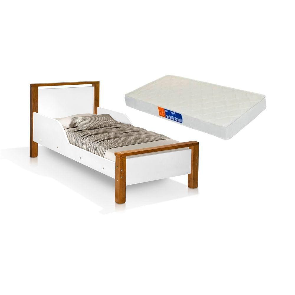 caminha infantil meli mdf e pes de madeira branco marrom com colchão