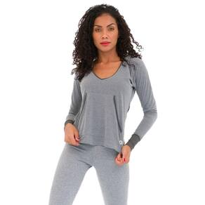 Camiseta Feminina Manga Longa Cinza Mescla Canguru