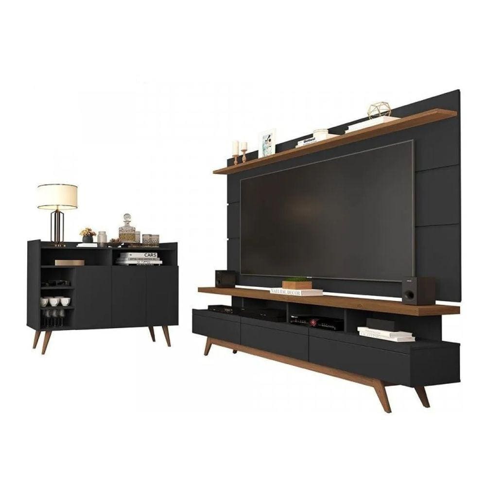Conjunto Rack E Painel Vivare 1.8 Wood E Buffet Celta Black/Freijó - Germai Móveis