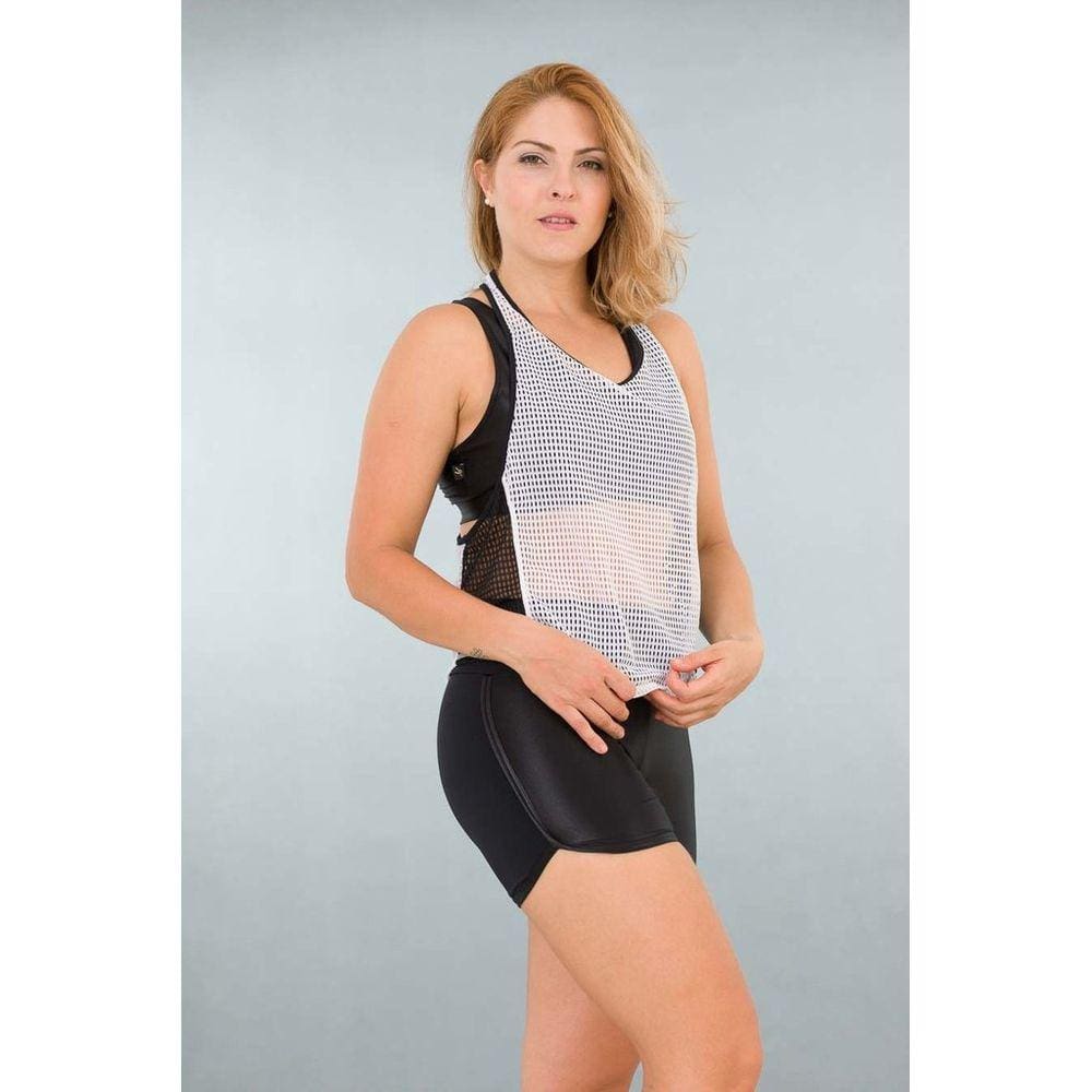 Regata Feminina Fitness Branca Preta Tela Curta Ative