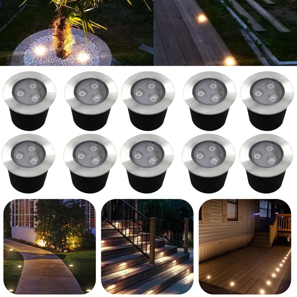 Kit 10 Luminárias Balizadores Spot Led SMD Em PVC De 3W Luz Branco Quente De Embutir Em Piso Chão Solo Gramado Jardim