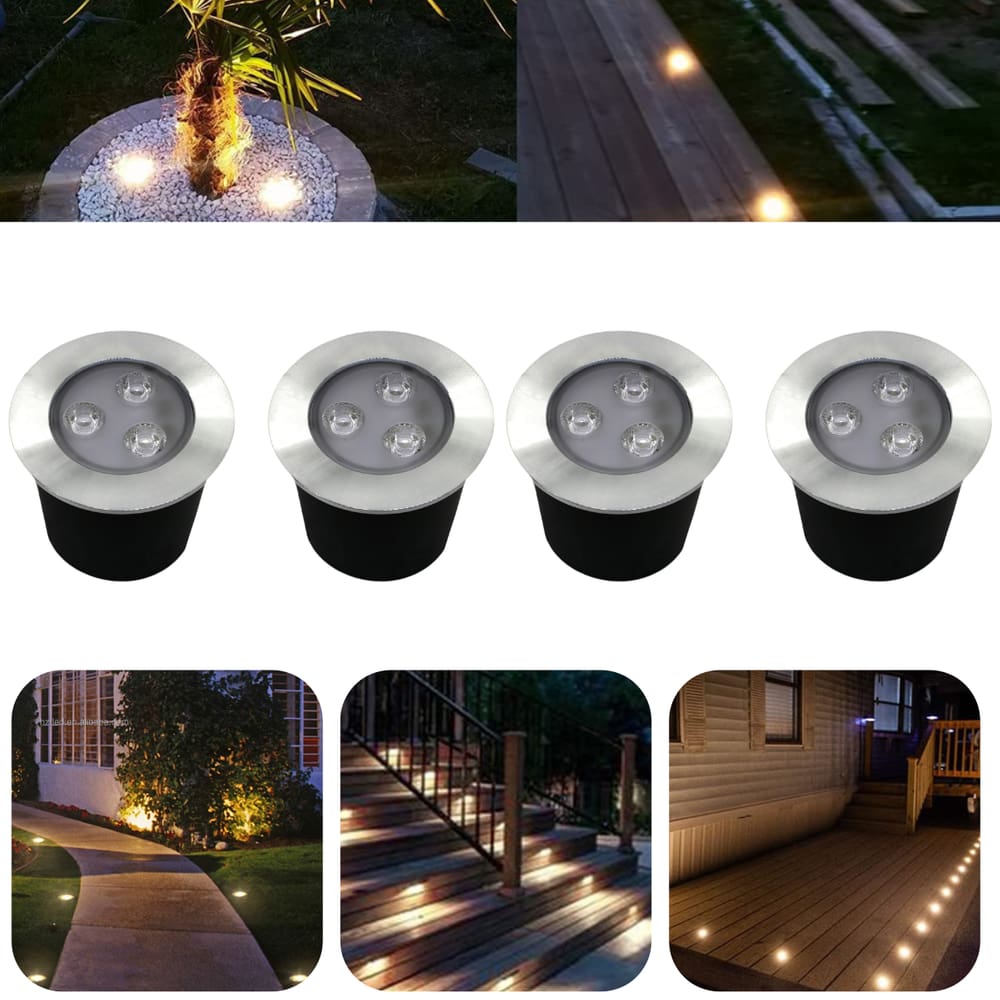 Kit 4 Luminárias Balizadores Spot Led SMD Em PVC De 3W Luz Branco Quente De Embutir Em Piso Chão Solo Gramado Jardim
