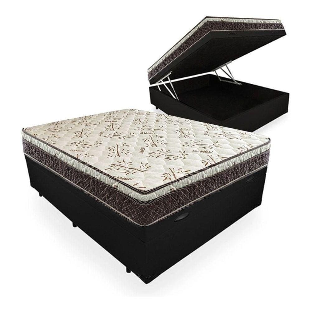 Cama Box Baú Casal Conforto Sintético Preto + Colchão Casal Conforto Espuma D33 Com EPS 17x138x188