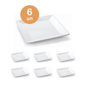 6un PRATO MELAMINA QUADRADO BRANCO 25CM PETISCOS SALADAS