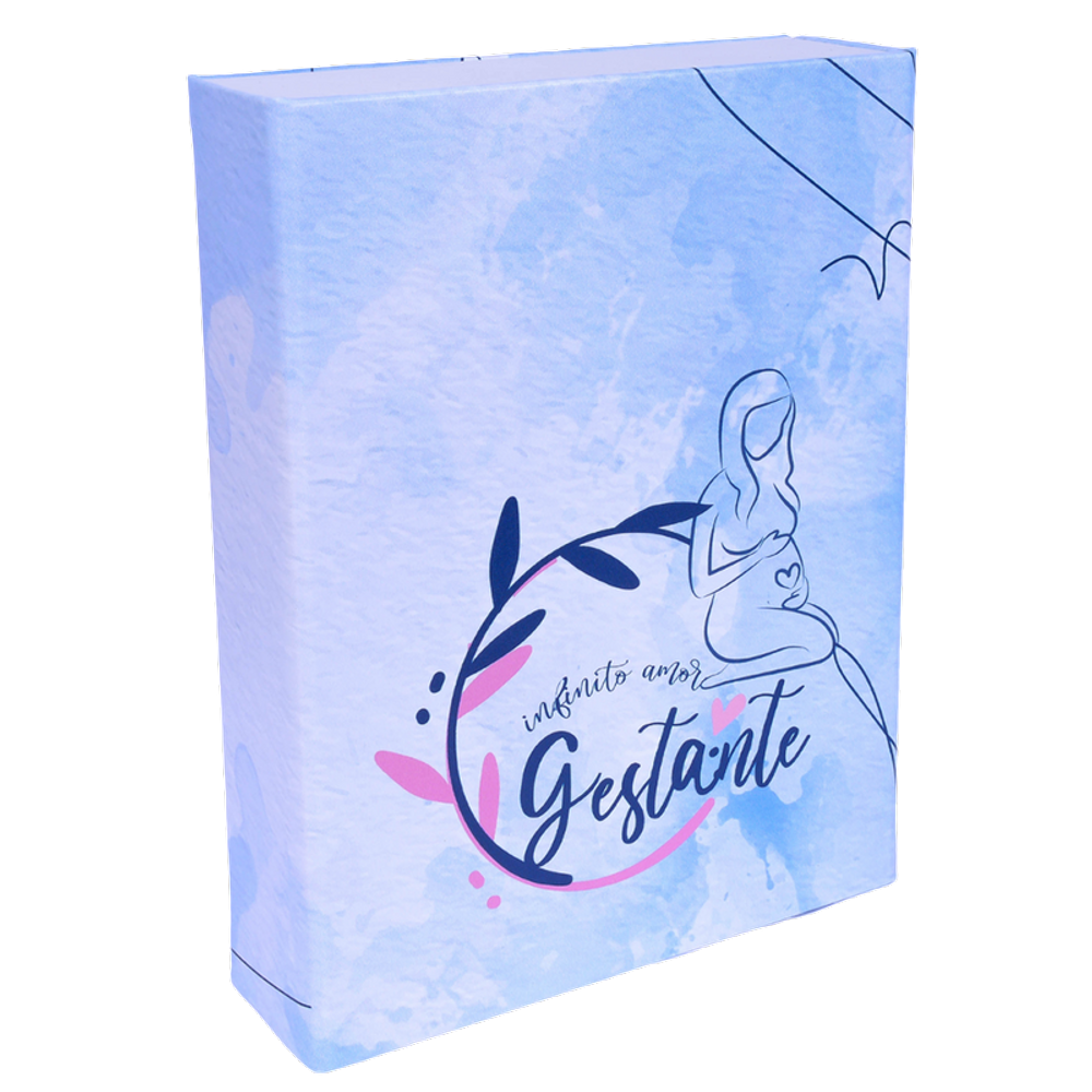 Estojo Imantado com Álbum para 100 Fotos 15x21 GESTANTE AZUL Bebê Gestação Grávida Mãe