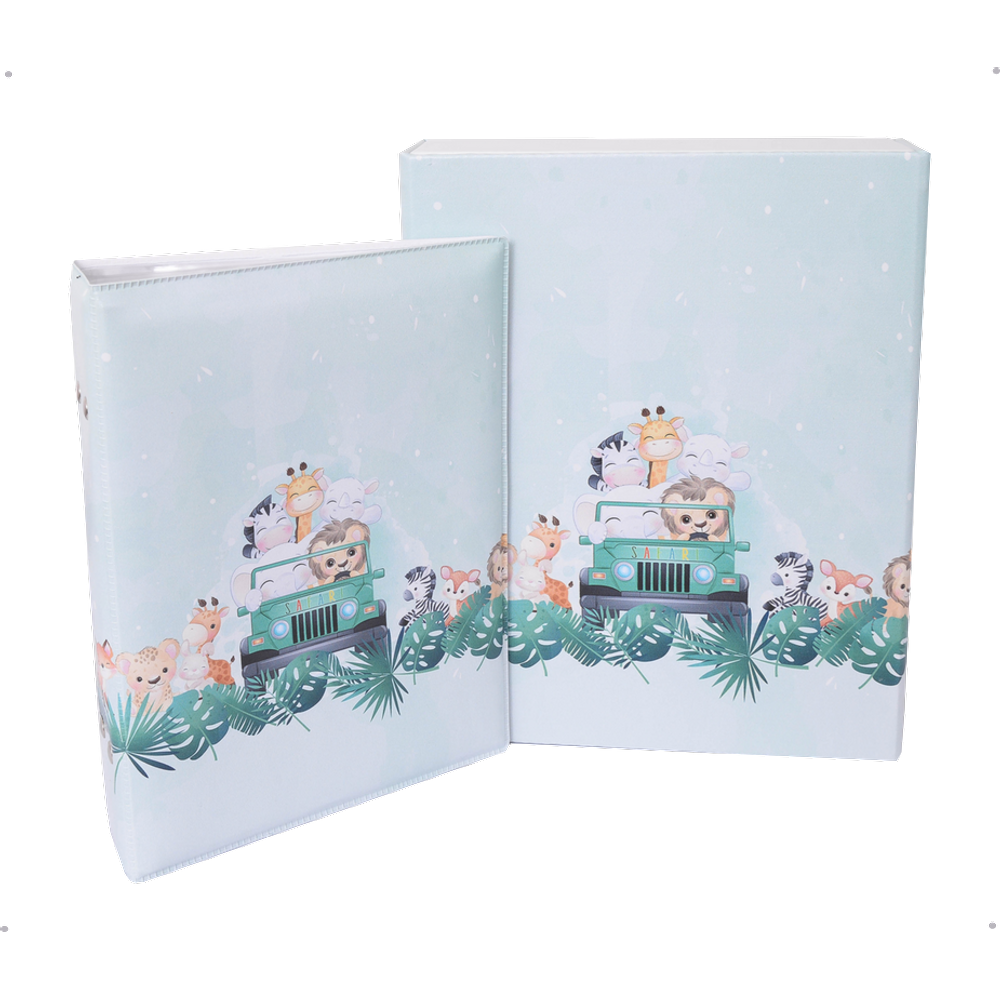 Estojo Imantado com Álbum para 100 Fotos 15x21 - SAFARI JIPE Bebê Animais Infantil Newborn