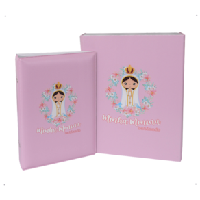 Estojo Imantado com Álbum para 100 Fotos 15x21 - BATIZADO ROSA Bebê Menina Batismo Anjinho Santinha