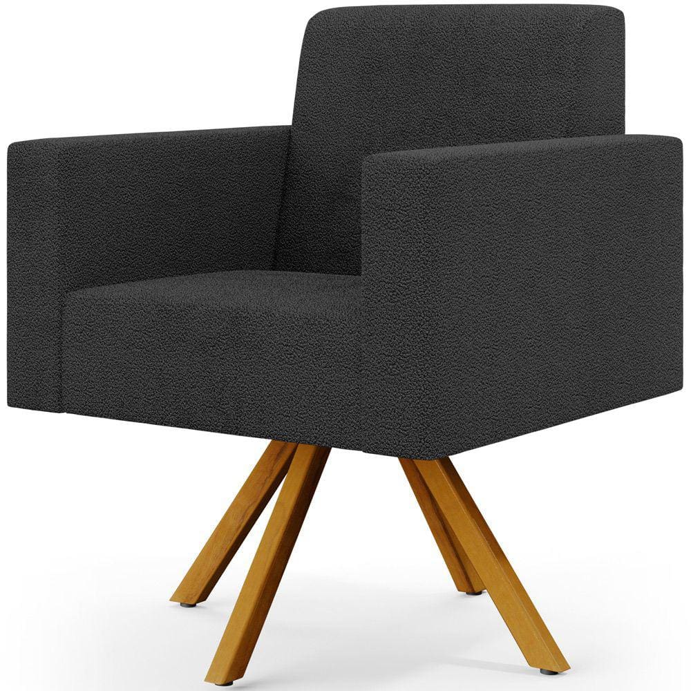 Poltrona Giratória Sala de Estar Base de Madeira Helô L02 Bouclê Preto - Lyam Decor