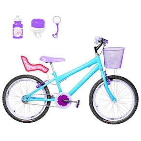 Bicicleta Infantil Aro 20 e Cadeirinha Azul Claro e Lilás