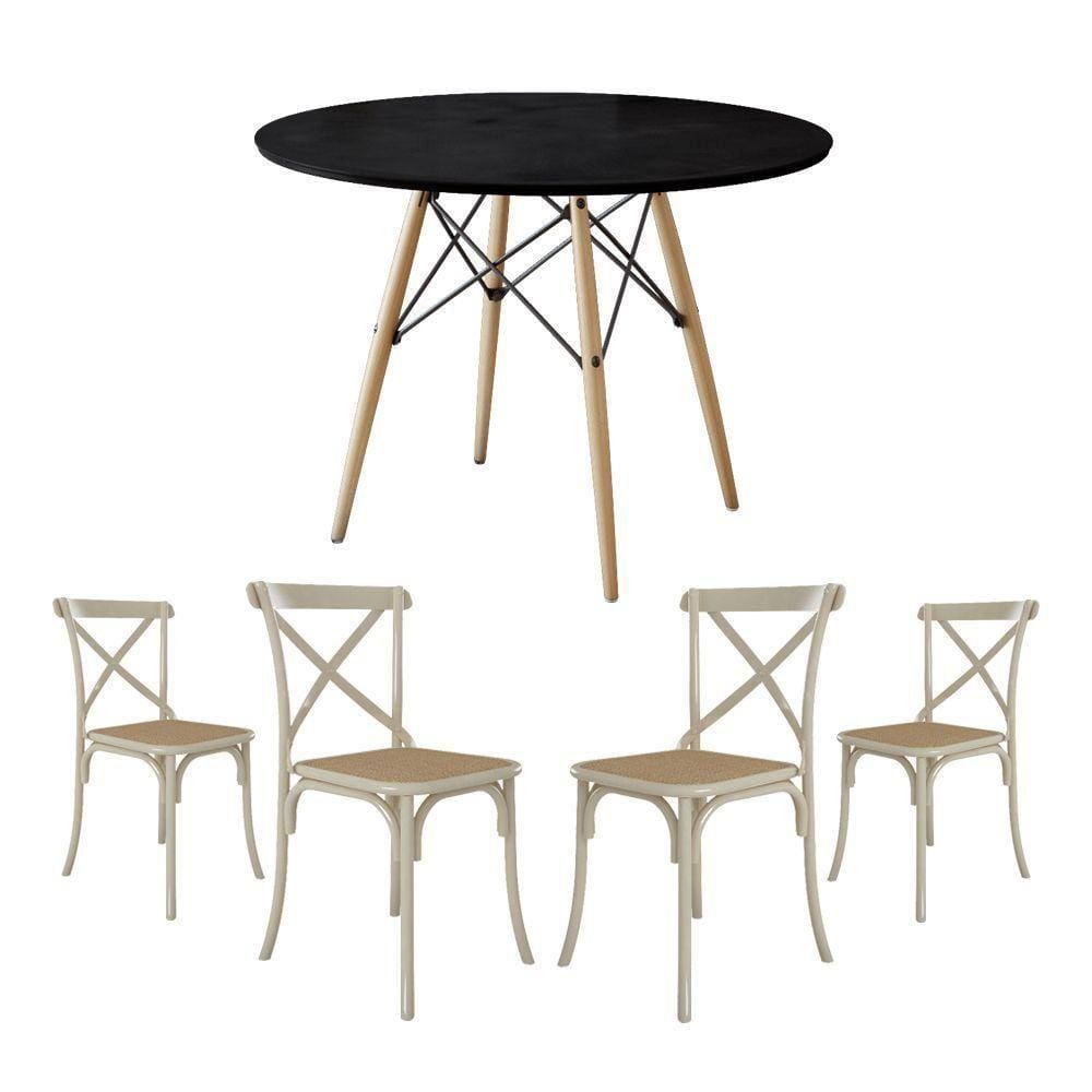 Conjunto De Mesa Eiffel Redondo Tampo De Madeira 110Cm Preto Com 4 Cadeiras Katrina Off White