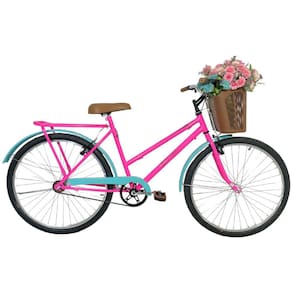 Bicicleta Retrô Aro 26 V-Brake Cesta Plástica Rosa / Tifany