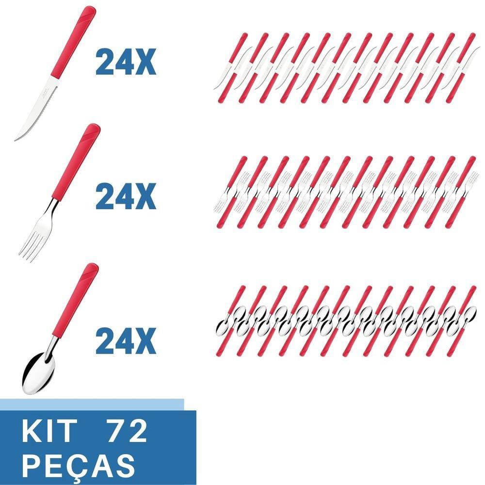 Talheres 72 Peças Colher Garfo Faca Inox Luna Cabo Vermelho
