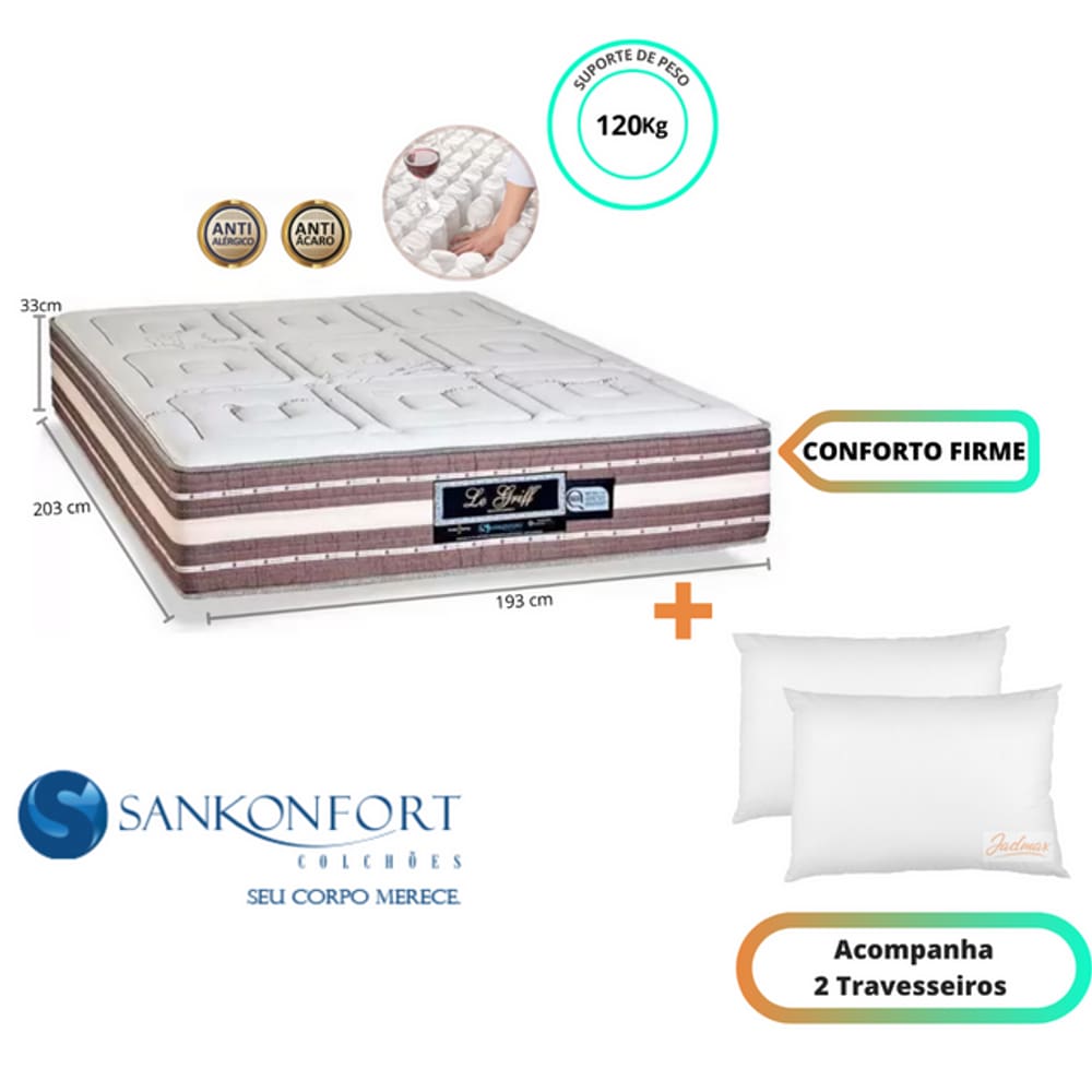 Colchão Sankonfort Le Griff Casal King Size 193x203x33 (Linha Alta Molas Ensacadas) + 2 Travesseiros Fibra