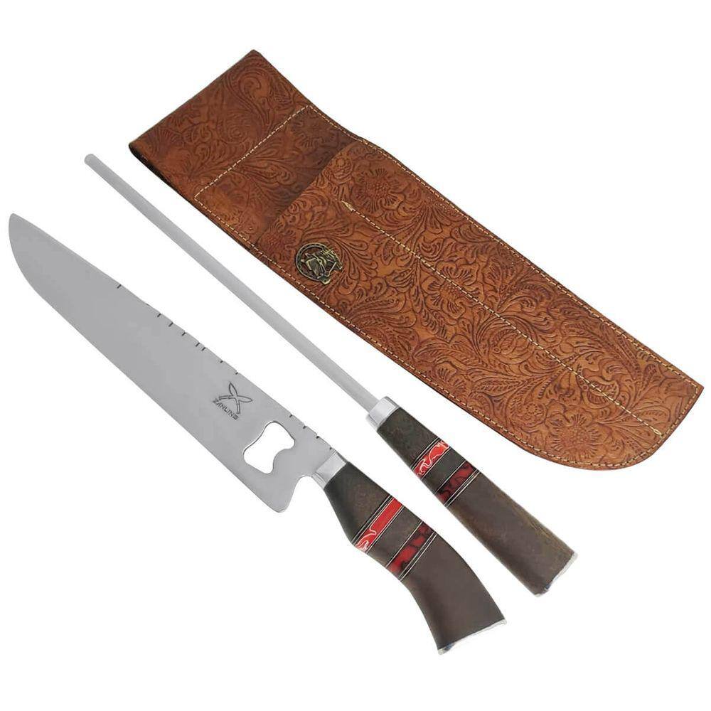 Conjunto Faca Abridor e Chaira 10` Churrasco Artesanal Cabo Madeira Imbuia Aço Inox Tradicional