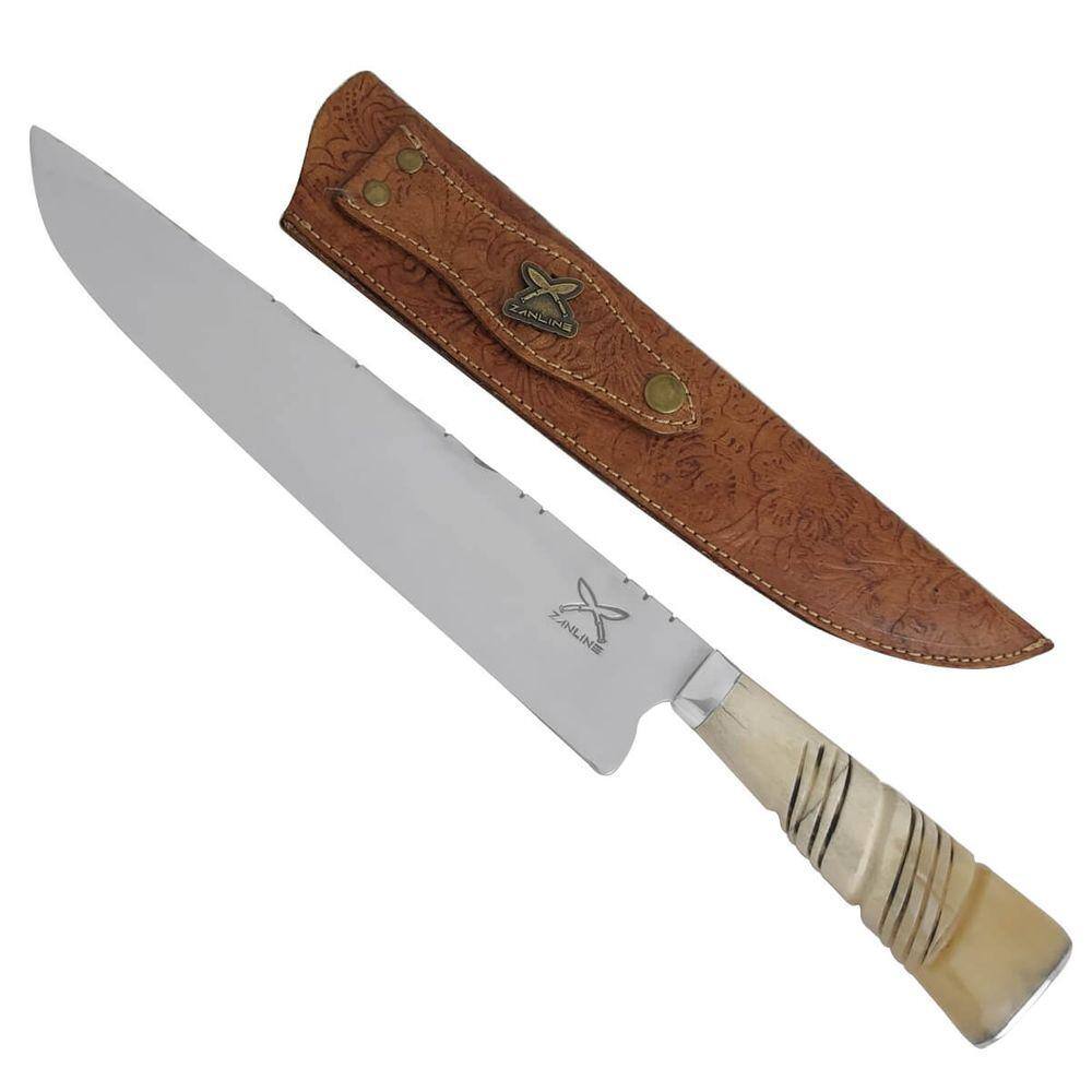 Faca Larga Picanheira 10` Artesanal Aço Inox 420C Churrasco Cabo de Osso