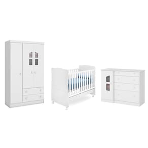 Quarto Infantil Guarda Roupa, Cômoda Sapateira e Berço Mini Cama Amore Branco - Qmovi