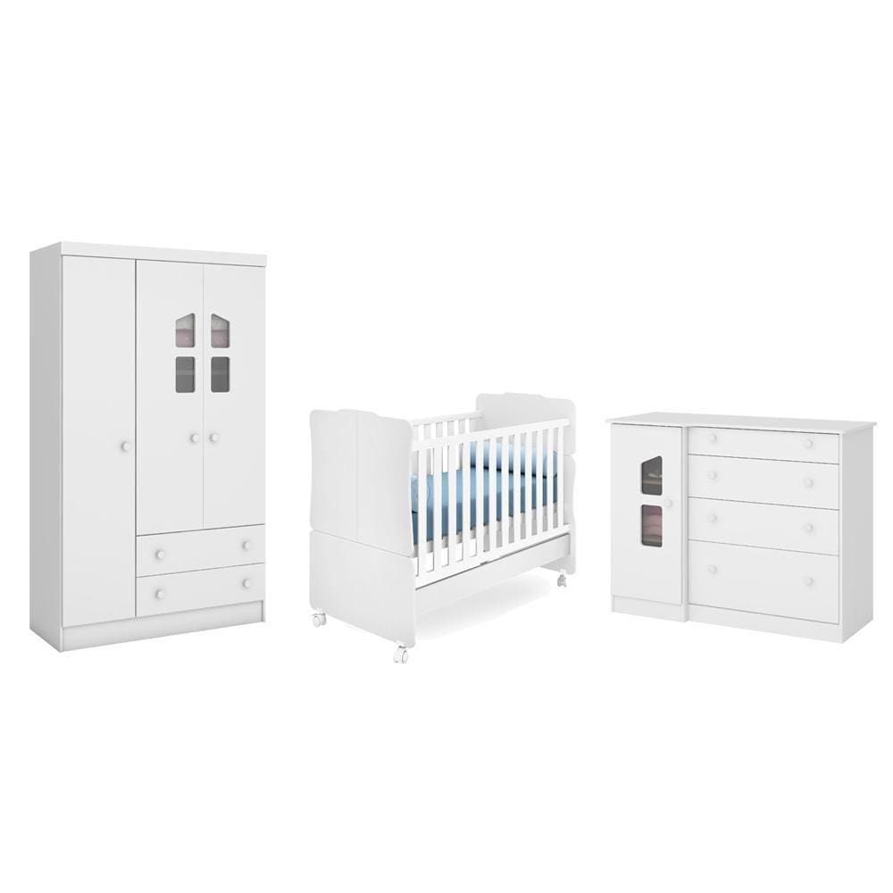Quarto Infantil Guarda Roupa 3 Portas, Cômoda Sapateira e Berço Mini Cama Amore Branco - Qmovi