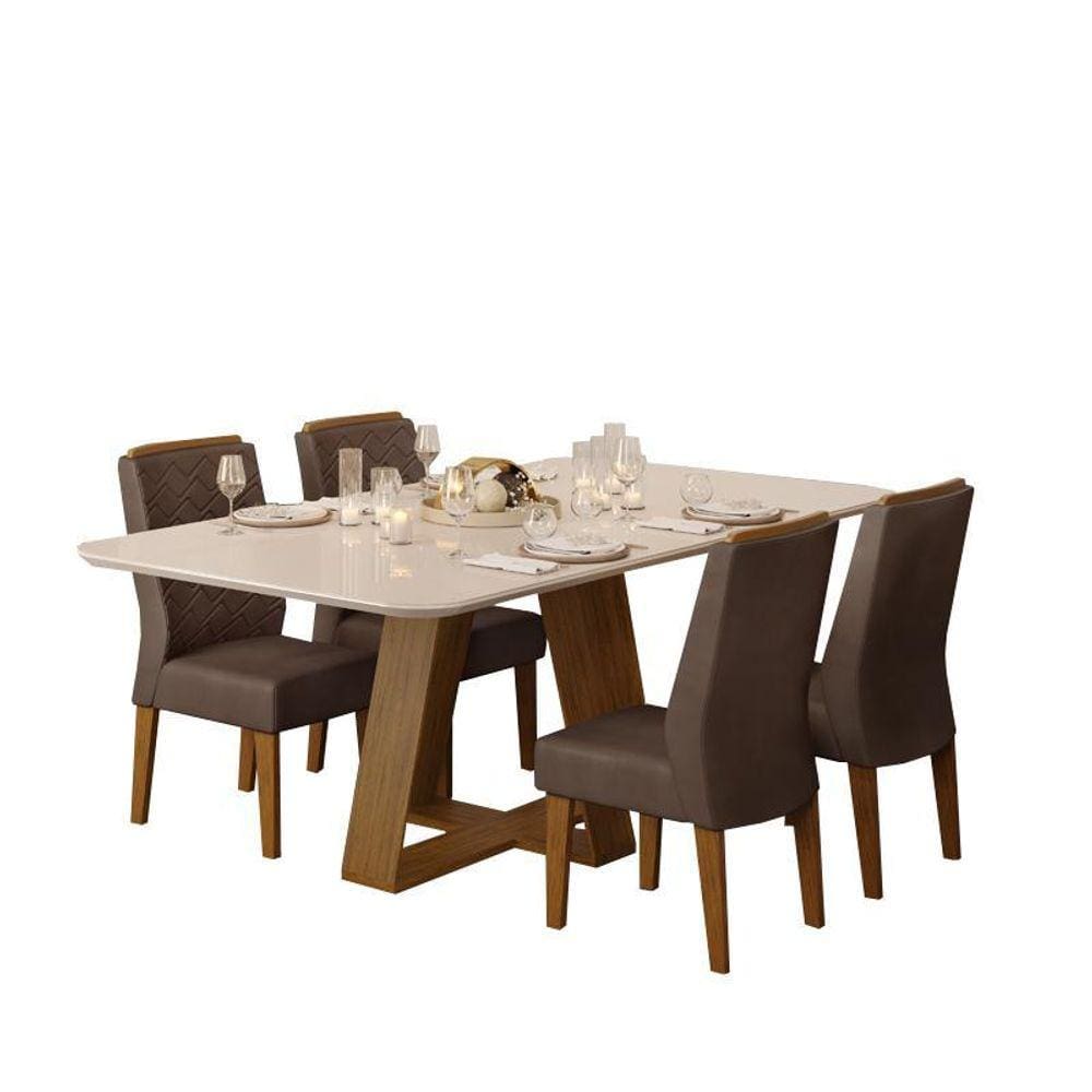 Sala de Jantar Mesa Flora Freijó/Off White c/ 4 Cadeiras Lis Freijó/Moca - FdECOR