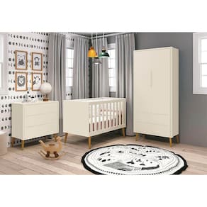Kit Quarto Infantil Theo Retrô Areia – Cômoda 3 Gavetas + Guarda-Roupa 2 Portas + Berço