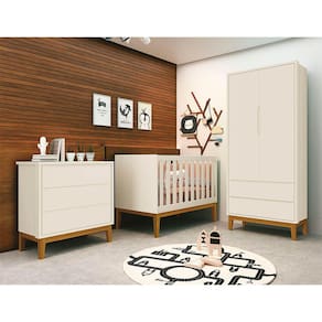 Kit Quarto Infantil Theo Square Areia – Cômoda 3 Gavetas + Guarda-Roupa 2 Portas + Berço