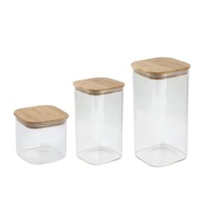 Kit 3 Potes De Vidro Quadrado Para Mantimentos com Tampa Bambu