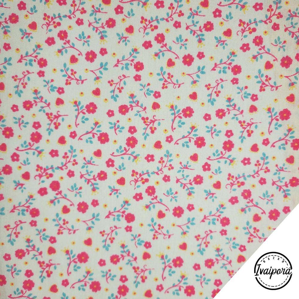 Tecido Tricoline Estampado Floral Diversos - Florzinha Pink com Creme - 50x150cm