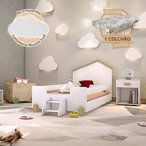 Cama Infantil Montessoriana Com Colchão E Escadinha Juvenil Ayla Branca E Natural + Luminária