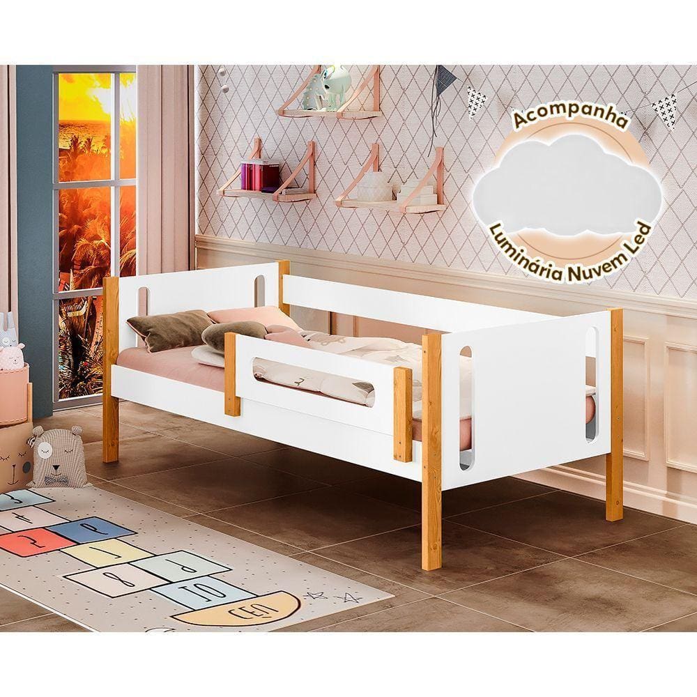 Cama De Solteiro Mirela Branco/Amêndoa Com Grade De Proteção Acompanha Luminária Led - Branco