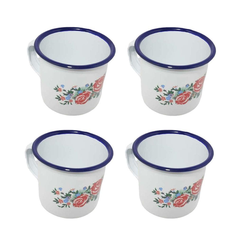 4Un Caneca Esmaltada Estampada Branca 650Ml Café Leite