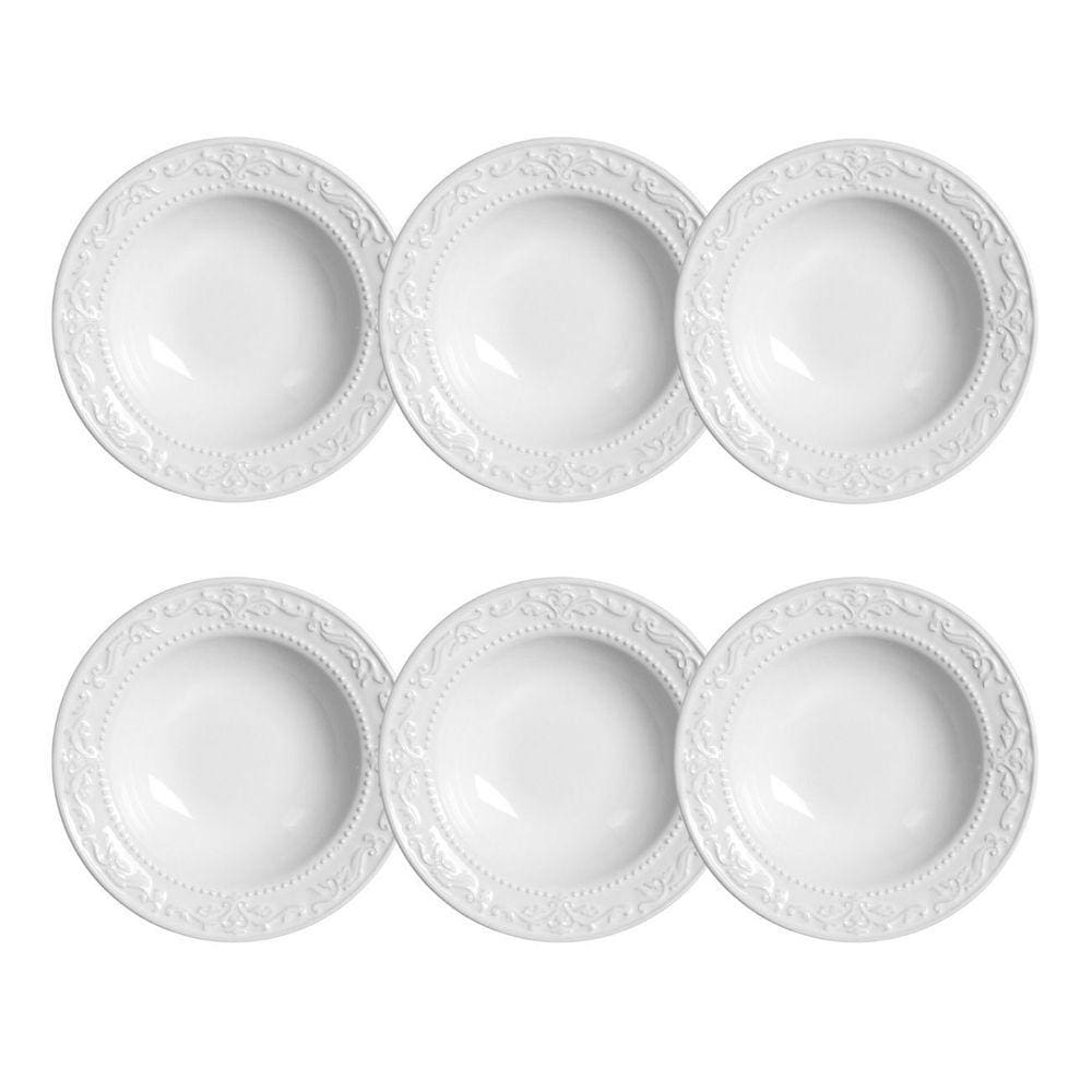 Jogo Prato Fundo Porto Brasil Cerâmica Branco Acanthus Kit 6