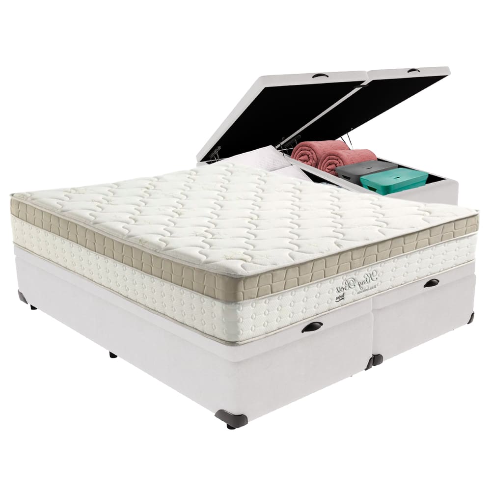 Cama Box com Baú Branco e Colchão King King Best Anjos