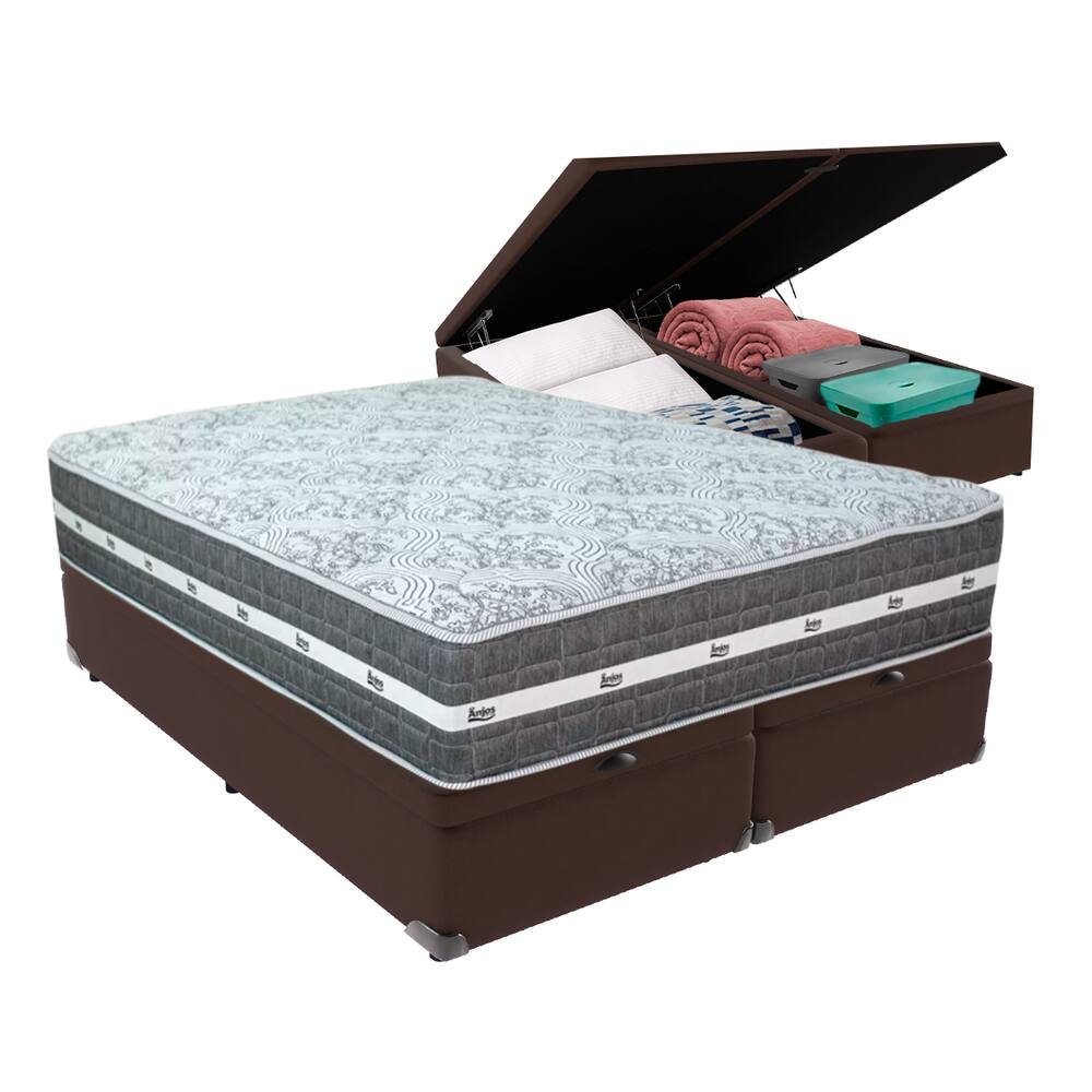 Cama Box com Baú Marrom e Colchão Queen Black Grafit Anjos