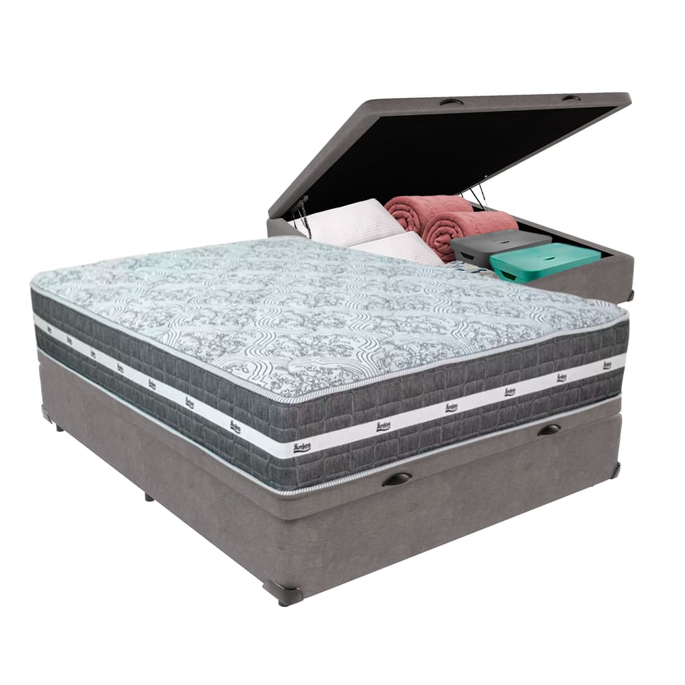 Cama Box com Baú Cinza e Colchão Casal Black Grafit Anjos