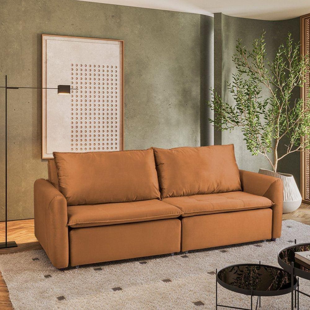 Sofá Cama Retrátil e Reclinável 4 Lugares 225cm em Veludo com Molas Greta Yescasa Terracota