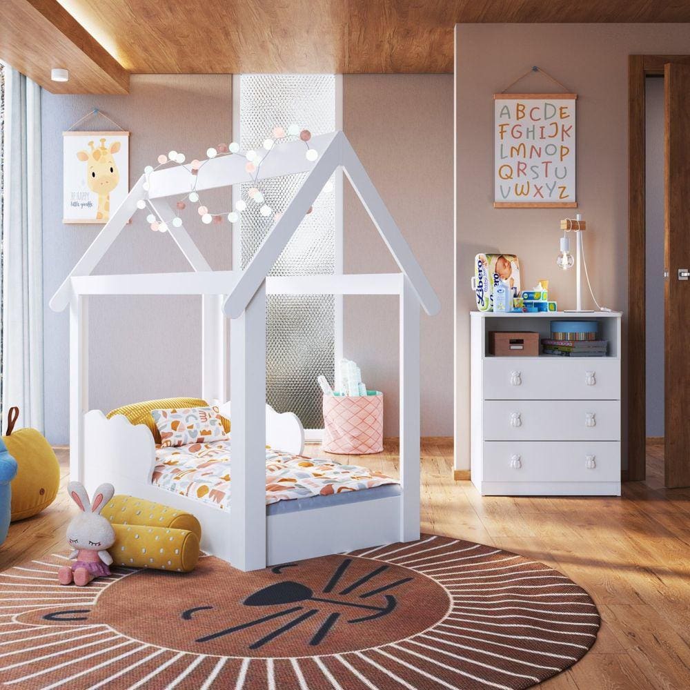 Conjunto Infantil Cama Montessoriana com Cômoda Branco