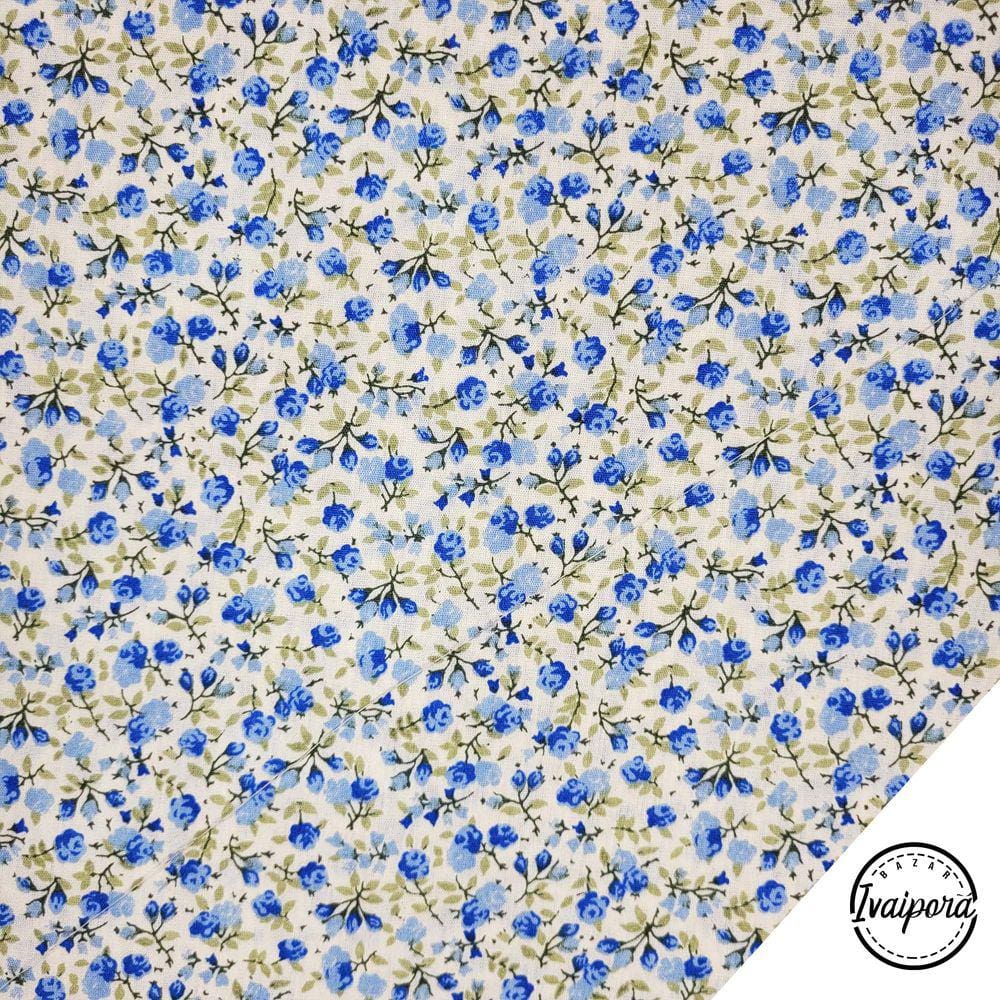 Tecido Tricoline Estampado Mini Botões - Azul com Creme - 50x150cm