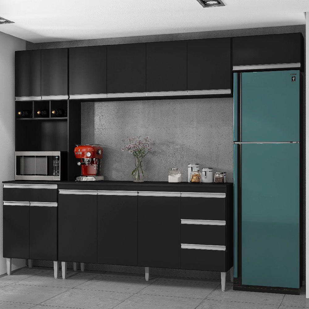 Cozinha Compacta Andréia 4 peças 12 Portas 4 Gavetas Com Balcão 160cm com Tampo Cor Preto - AJL Móveis
