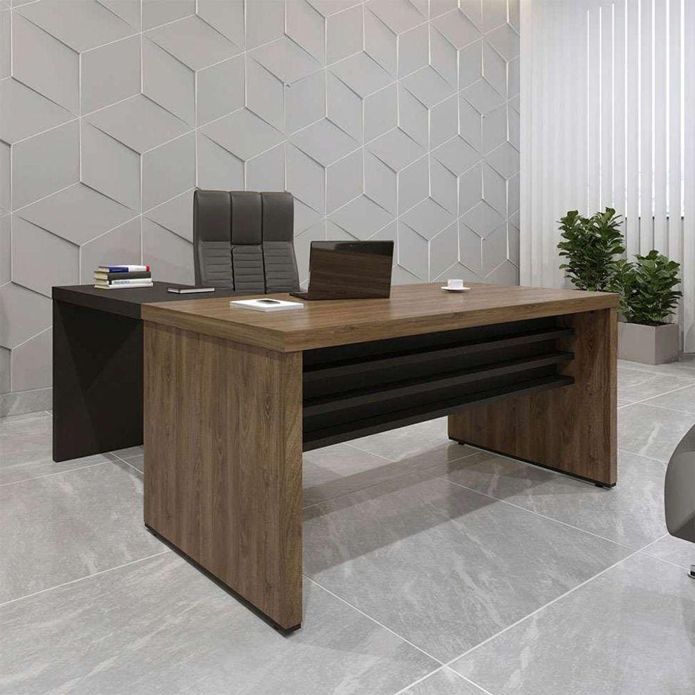 conjunto de mesa de escritório e mesa de apoio executiva marrom e preto